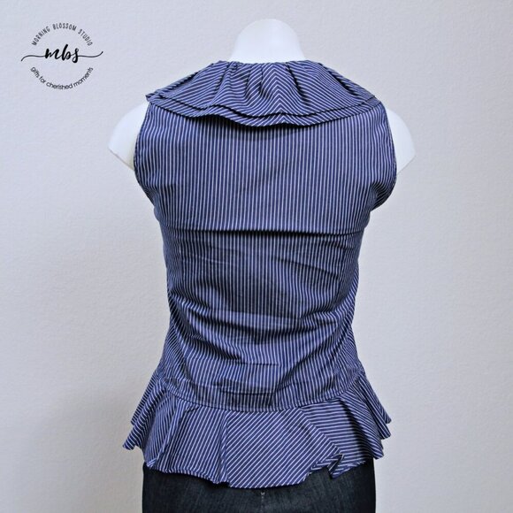 Lauren Jean Company Ralph Lauren Sleeveless Ruffle Striped Blouse Blue Women S - Picture 4 of 6